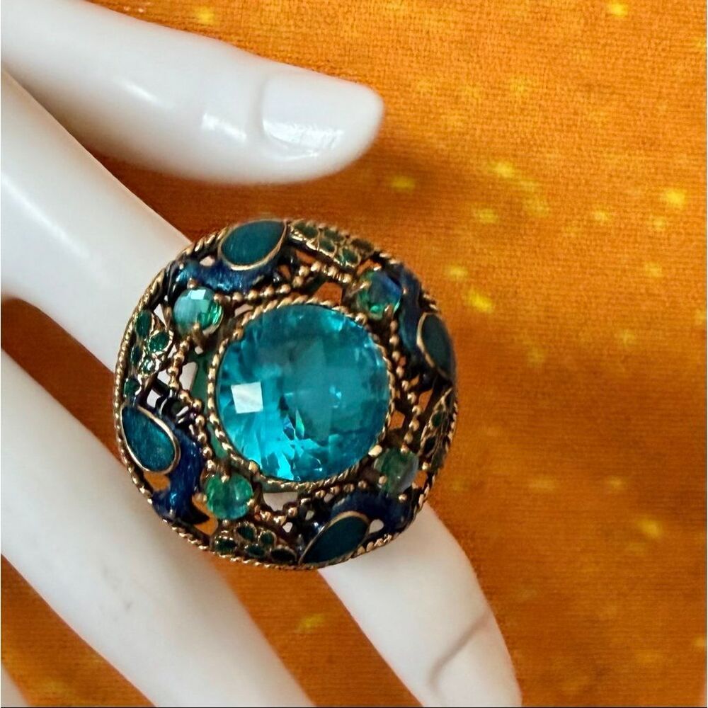 Sajen Peacock Dome Ring Bronze Blue Enamel Crystal Statement Ring